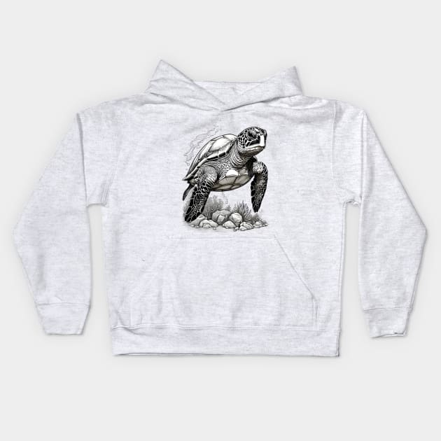 Black and White Green Sea Turtle Design Kids Hoodie by TF Brands